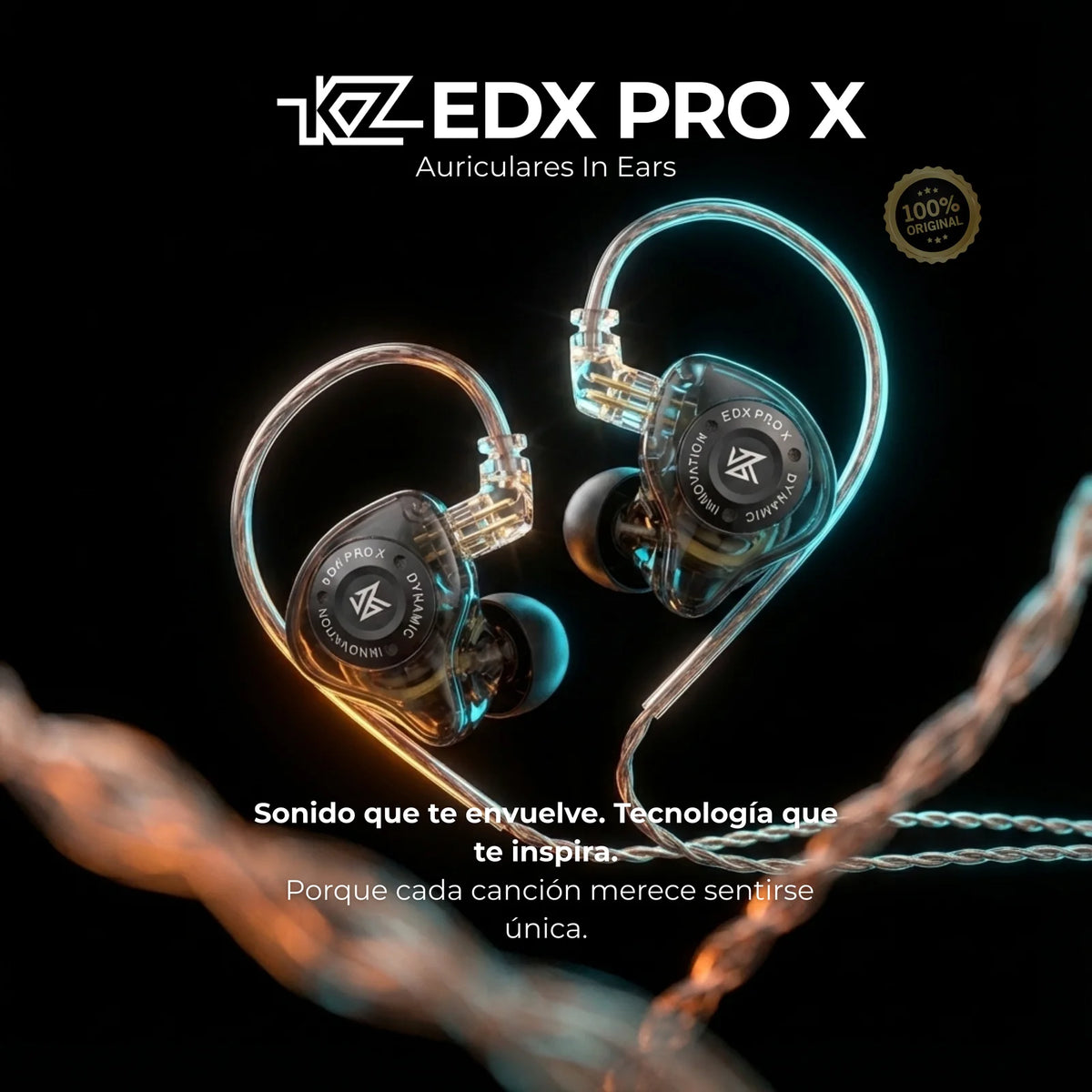 KZ EDX Pro X transparentes con cable sobre fondo negro iluminado