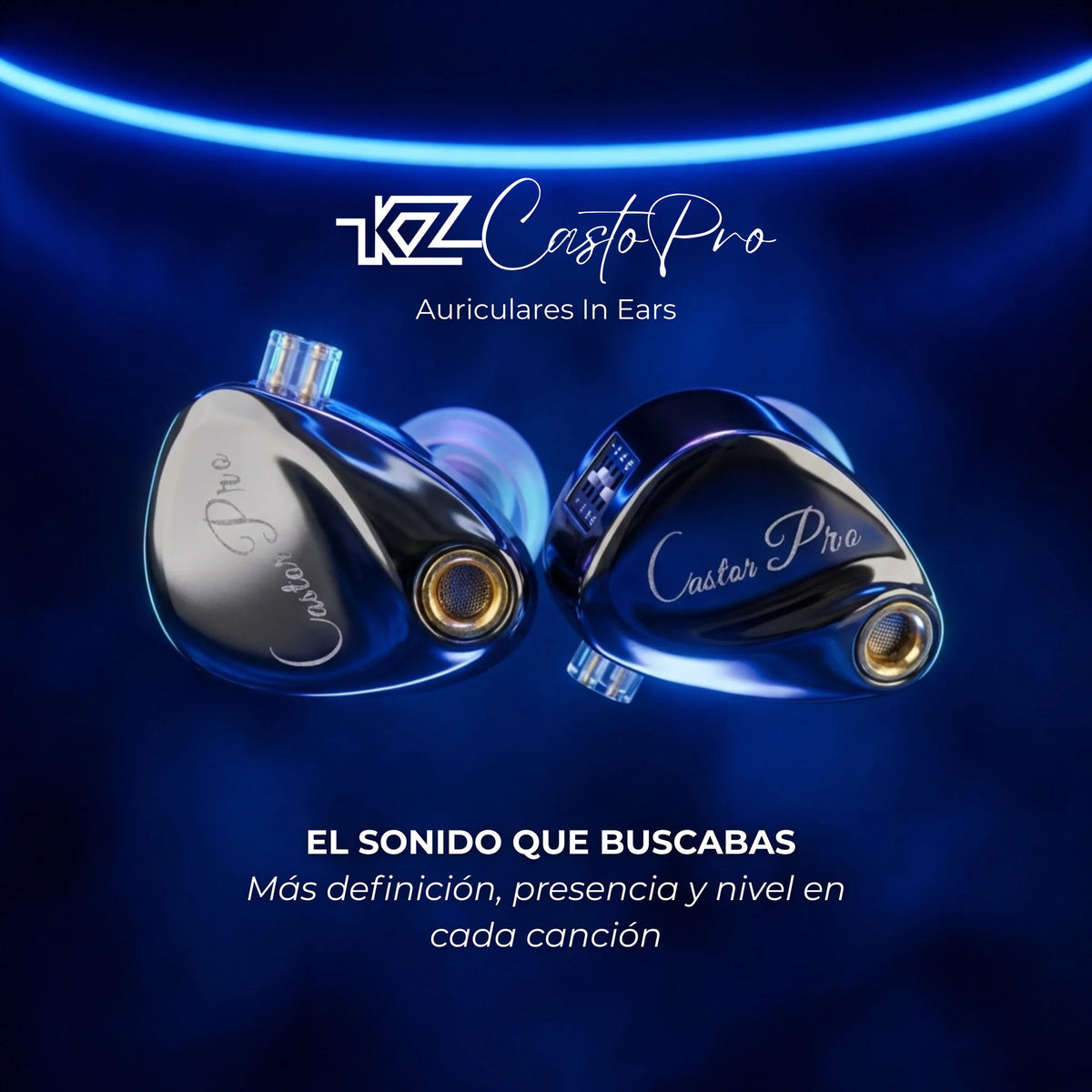 Vista frontal de los auriculares KZ Castor Pro negros sobre fondo azul