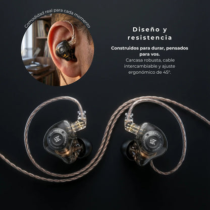 KZ EDX Pro X con cable desmontable y ejemplo de ajuste en la oreja