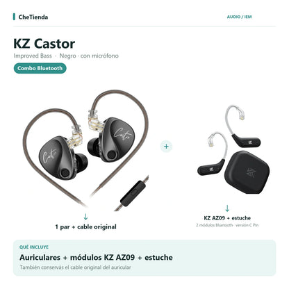 KZ CASTOR IMPROVED BASS, Negro · con micrófono: auriculares con cable original más dos módulos KZ AZ09 C Pin y su estuche de carga. Composición de imágenes del catálogo.