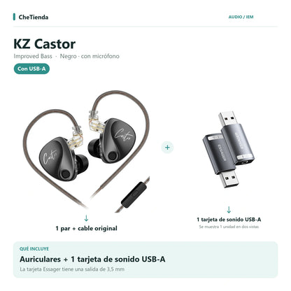 KZ CASTOR IMPROVED BASS, Negro · con micrófono: auriculares con cable original más una tarjeta de sonido Essager USB-A a 3,5 mm; la tarjeta se muestra en dos vistas de una unidad. Composición de imágenes del catálogo.