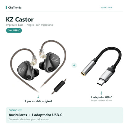 KZ CASTOR IMPROVED BASS, Negro · con micrófono: auriculares con cable original más un adaptador Essager USB-C a 3,5 mm. Composición de imágenes del catálogo.