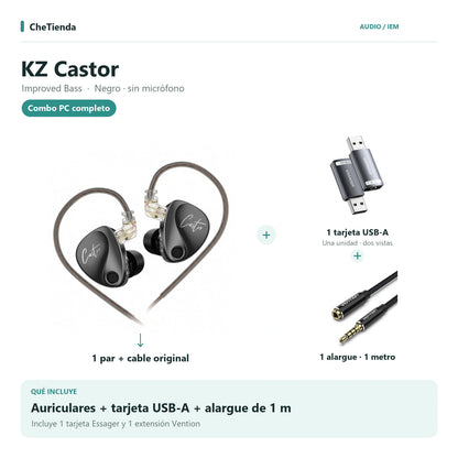 KZ CASTOR IMPROVED BASS, Negro · sin micrófono: auriculares con cable original, una tarjeta de sonido Essager USB-A a 3,5 mm y una extensión Vention de un metro; la tarjeta se muestra en dos vistas de una unidad. Composición de imágenes del catálogo.