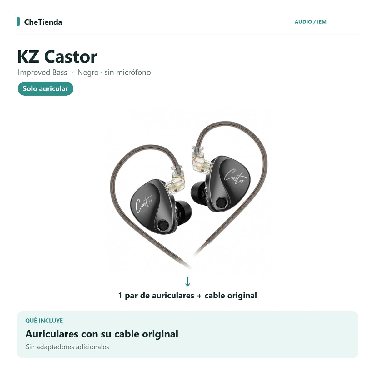 KZ CASTOR IMPROVED BASS, Negro · sin micrófono: auriculares con cable original, sin adaptadores adicionales. Composición de imágenes del catálogo.