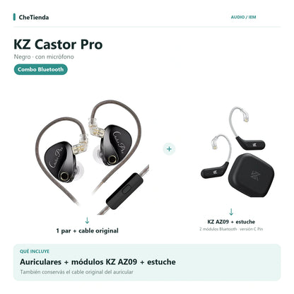 KZ CASTOR PRO, Negro · con micrófono: auriculares con cable original más dos módulos KZ AZ09 C Pin y su estuche de carga. Composición de imágenes del catálogo.