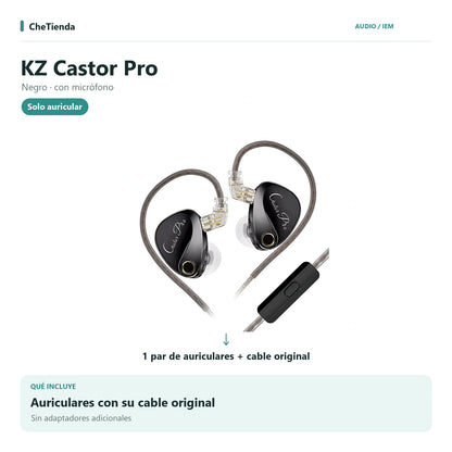 KZ CASTOR PRO, Negro · con micrófono: auriculares con cable original, sin adaptadores adicionales. Composición de imágenes del catálogo.