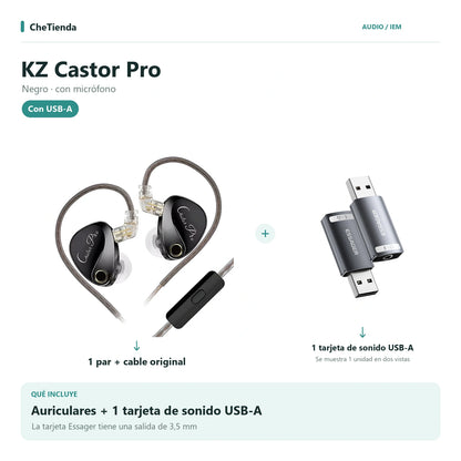 KZ CASTOR PRO, Negro · con micrófono: auriculares con cable original más una tarjeta de sonido Essager USB-A a 3,5 mm; la tarjeta se muestra en dos vistas de una unidad. Composición de imágenes del catálogo.