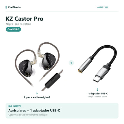 KZ CASTOR PRO, Negro · con micrófono: auriculares con cable original más un adaptador Essager USB-C a 3,5 mm. Composición de imágenes del catálogo.