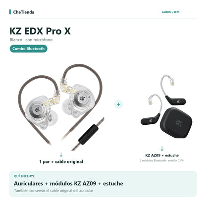 KZ EDX PRO X, Blanco · con micrófono: auriculares con cable original más dos módulos KZ AZ09 C Pin y su estuche de carga. Composición de imágenes del catálogo.