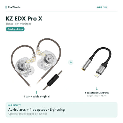 KZ EDX PRO X, Blanco · con micrófono: auriculares con cable original más un adaptador Essager Lightning a 3,5 mm. Composición de imágenes del catálogo.