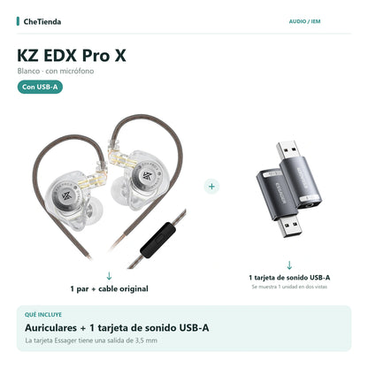 KZ EDX PRO X, Blanco · con micrófono: auriculares con cable original más una tarjeta de sonido Essager USB-A a 3,5 mm; la tarjeta se muestra en dos vistas de una unidad. Composición de imágenes del catálogo.