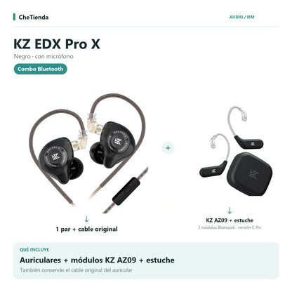 Combo KZ EDX Pro X negro con cable original más módulos KZ AZ09 C Pin y estuche de carga; composición de fotos del catálogo