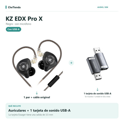 KZ EDX PRO X, Negro · con micrófono: auriculares con cable original más una tarjeta de sonido Essager USB-A a 3,5 mm; la tarjeta se muestra en dos vistas de una unidad. Composición de imágenes del catálogo.