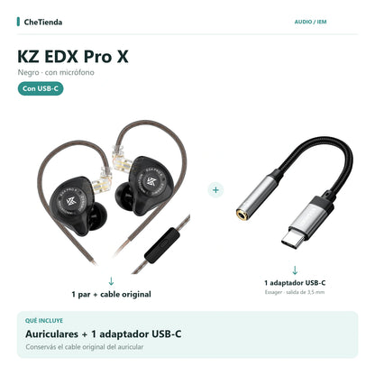KZ EDX PRO X, Negro · con micrófono: auriculares con cable original más un adaptador Essager USB-C a 3,5 mm. Composición de imágenes del catálogo.