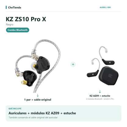 KZ ZS10 PRO X, Negro: auriculares con cable original más dos módulos KZ AZ09 C Pin y su estuche de carga. Composición de imágenes del catálogo.