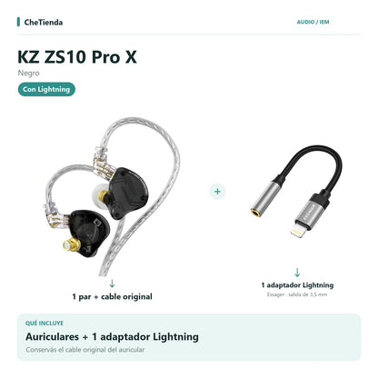 KZ ZS10 PRO X, Negro: auriculares con cable original más un adaptador Essager Lightning a 3,5 mm. Composición de imágenes del catálogo.