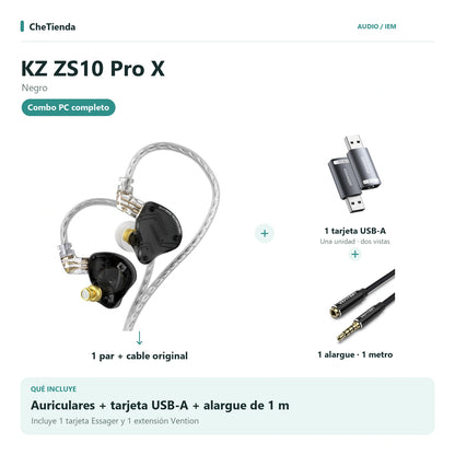KZ ZS10 PRO X, Negro: auriculares con cable original, una tarjeta de sonido Essager USB-A a 3,5 mm y una extensión Vention de un metro; la tarjeta se muestra en dos vistas de una unidad. Composición de imágenes del catálogo.