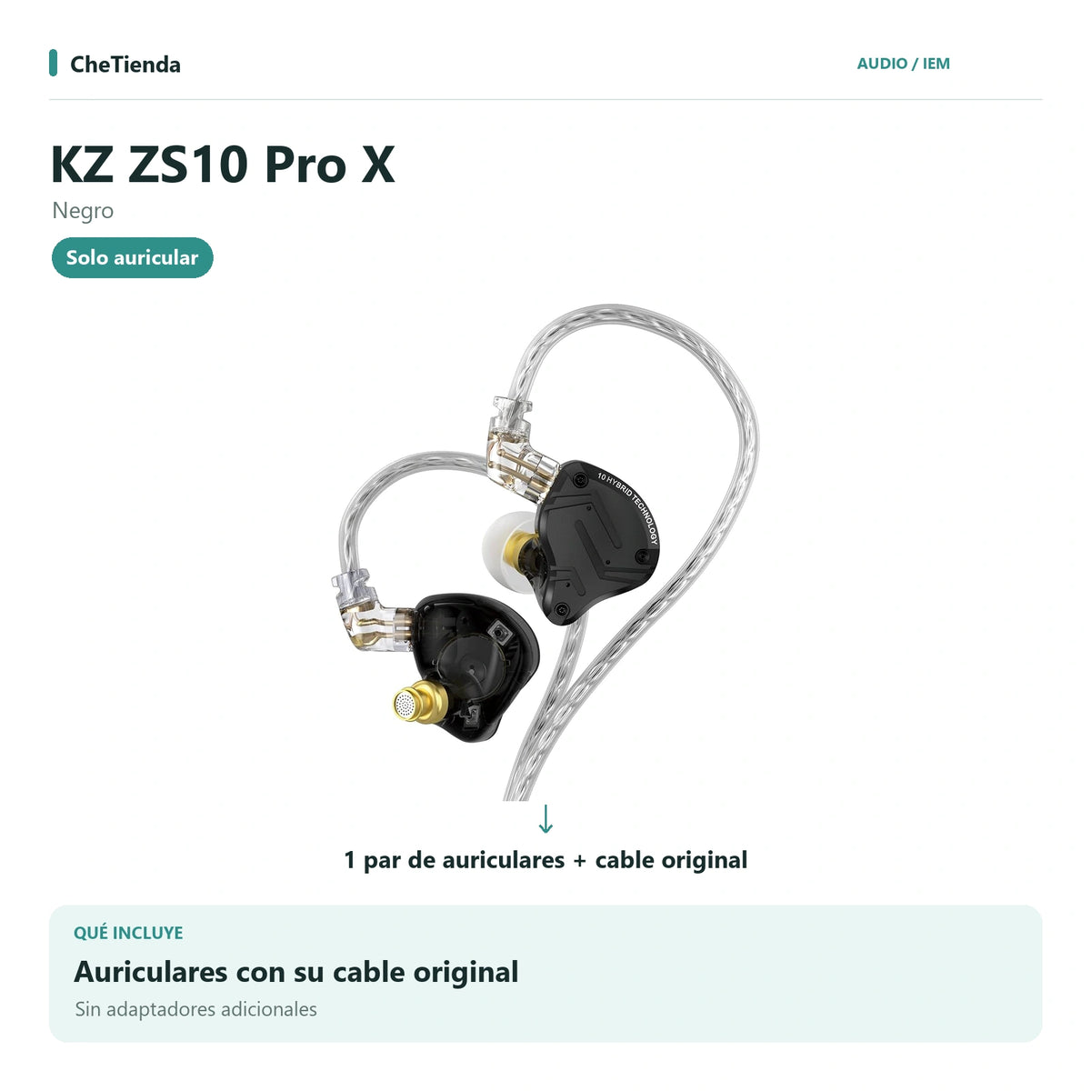 KZ ZS10 PRO X, Negro: auriculares con cable original, sin adaptadores adicionales. Composición de imágenes del catálogo.