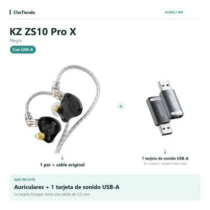 KZ ZS10 PRO X, Negro: auriculares con cable original más una tarjeta de sonido Essager USB-A a 3,5 mm; la tarjeta se muestra en dos vistas de una unidad. Composición de imágenes del catálogo.