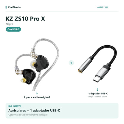 KZ ZS10 PRO X, Negro: auriculares con cable original más un adaptador Essager USB-C a 3,5 mm. Composición de imágenes del catálogo.