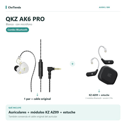 QKZ AK6 PRO, Blanco · con micrófono: auriculares con cable original más dos módulos KZ AZ09 C Pin y su estuche de carga. Composición de imágenes del catálogo.