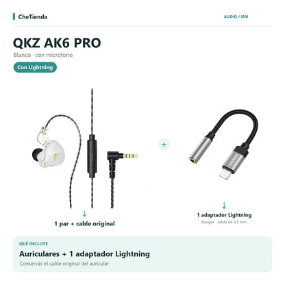 QKZ AK6 PRO, Blanco · con micrófono: auriculares con cable original más un adaptador Essager Lightning a 3,5 mm. Composición de imágenes del catálogo.
