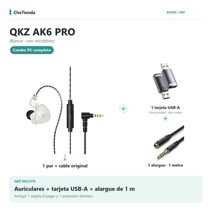 QKZ AK6 PRO, Blanco · con micrófono: auriculares con cable original, una tarjeta de sonido Essager USB-A a 3,5 mm y una extensión Vention de un metro; la tarjeta se muestra en dos vistas de una unidad. Composición de imágenes del catálogo.