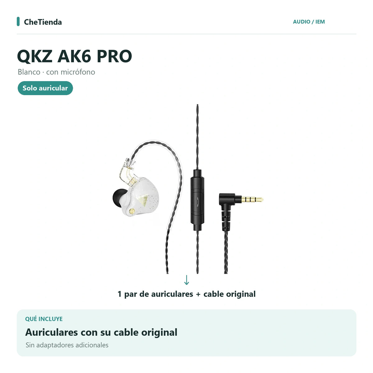 QKZ AK6 PRO, Blanco · con micrófono: auriculares con cable original, sin adaptadores adicionales. Composición de imágenes del catálogo.