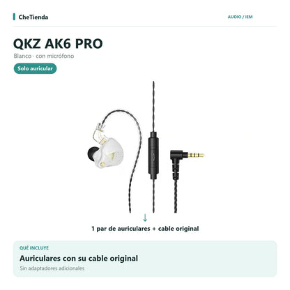 QKZ AK6 PRO, Blanco · con micrófono: auriculares con cable original, sin adaptadores adicionales. Composición de imágenes del catálogo.