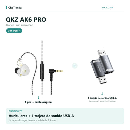 QKZ AK6 PRO, Blanco · con micrófono: auriculares con cable original más una tarjeta de sonido Essager USB-A a 3,5 mm; la tarjeta se muestra en dos vistas de una unidad. Composición de imágenes del catálogo.