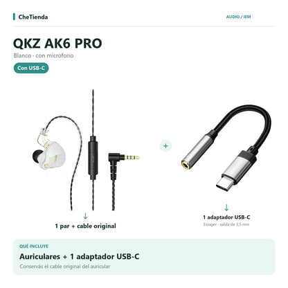 QKZ AK6 PRO, Blanco · con micrófono: auriculares con cable original más un adaptador Essager USB-C a 3,5 mm. Composición de imágenes del catálogo.