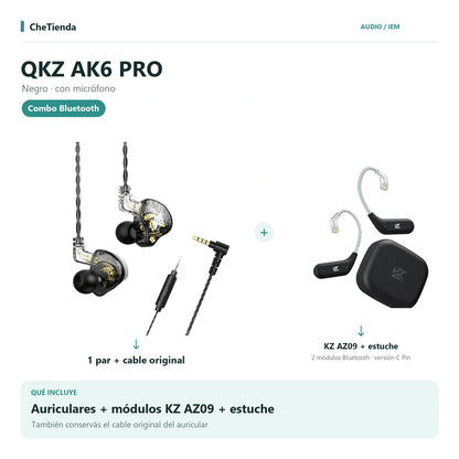 QKZ AK6 PRO, Negro · con micrófono: auriculares con cable original más dos módulos KZ AZ09 C Pin y su estuche de carga. Composición de imágenes del catálogo.