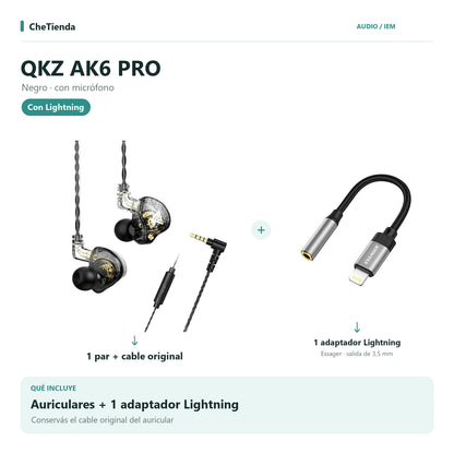 QKZ AK6 PRO, Negro · con micrófono: auriculares con cable original más un adaptador Essager Lightning a 3,5 mm. Composición de imágenes del catálogo.