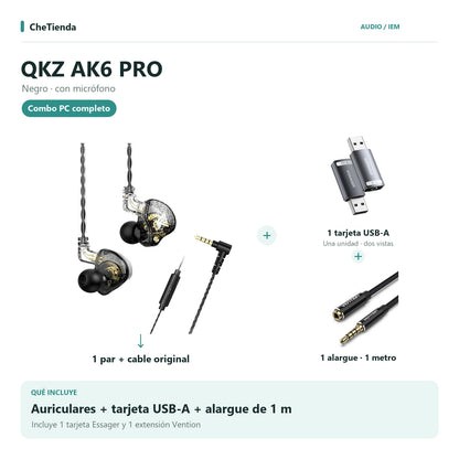 QKZ AK6 PRO, Negro · con micrófono: auriculares con cable original, una tarjeta de sonido Essager USB-A a 3,5 mm y una extensión Vention de un metro; la tarjeta se muestra en dos vistas de una unidad. Composición de imágenes del catálogo.