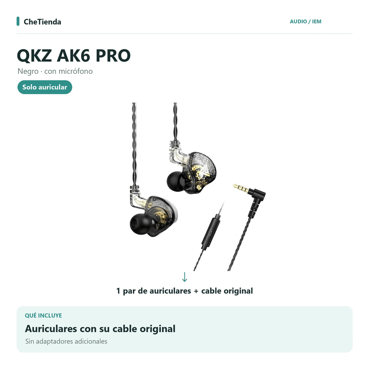 QKZ AK6 PRO, Negro · con micrófono: auriculares con cable original, sin adaptadores adicionales. Composición de imágenes del catálogo.