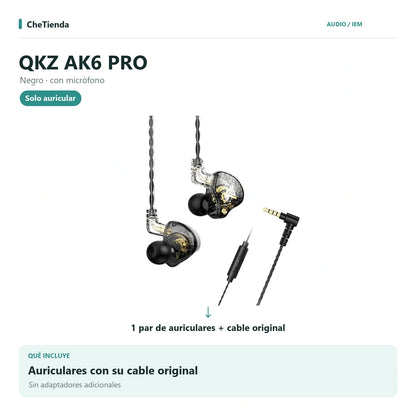 QKZ AK6 PRO, Negro · con micrófono: auriculares con cable original, sin adaptadores adicionales. Composición de imágenes del catálogo.