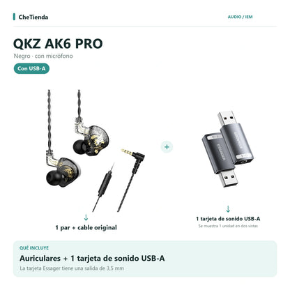 QKZ AK6 PRO, Negro · con micrófono: auriculares con cable original más una tarjeta de sonido Essager USB-A a 3,5 mm; la tarjeta se muestra en dos vistas de una unidad. Composición de imágenes del catálogo.