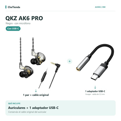 QKZ AK6 PRO, Negro · con micrófono: auriculares con cable original más un adaptador Essager USB-C a 3,5 mm. Composición de imágenes del catálogo.