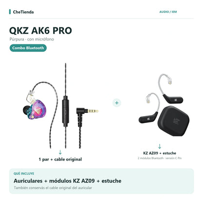 QKZ AK6 PRO, Púrpura · con micrófono: auriculares con cable original más dos módulos KZ AZ09 C Pin y su estuche de carga. Composición de imágenes del catálogo.