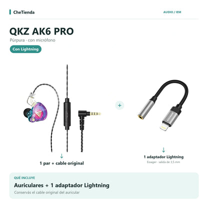 QKZ AK6 PRO, Púrpura · con micrófono: auriculares con cable original más un adaptador Essager Lightning a 3,5 mm. Composición de imágenes del catálogo.