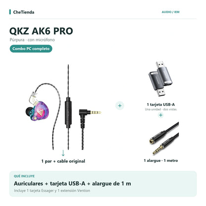 QKZ AK6 PRO, Púrpura · con micrófono: auriculares con cable original, una tarjeta de sonido Essager USB-A a 3,5 mm y una extensión Vention de un metro; la tarjeta se muestra en dos vistas de una unidad. Composición de imágenes del catálogo.