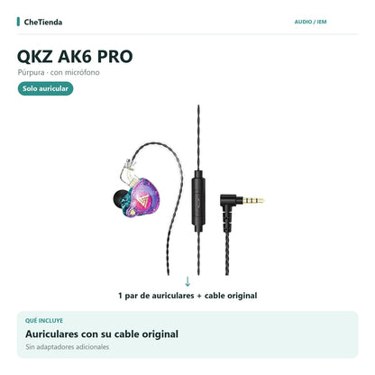 QKZ AK6 PRO, Púrpura · con micrófono: auriculares con cable original, sin adaptadores adicionales. Composición de imágenes del catálogo.