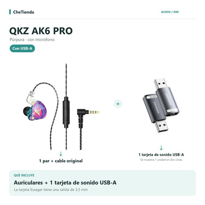 QKZ AK6 PRO, Púrpura · con micrófono: auriculares con cable original más una tarjeta de sonido Essager USB-A a 3,5 mm; la tarjeta se muestra en dos vistas de una unidad. Composición de imágenes del catálogo.