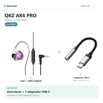 QKZ AK6 PRO, Púrpura · con micrófono: auriculares con cable original más un adaptador Essager USB-C a 3,5 mm. Composición de imágenes del catálogo.