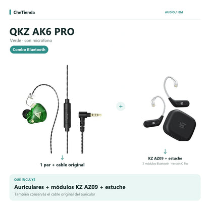 QKZ AK6 PRO, Verde · con micrófono: auriculares con cable original más dos módulos KZ AZ09 C Pin y su estuche de carga. Composición de imágenes del catálogo.