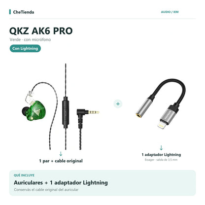 QKZ AK6 PRO, Verde · con micrófono: auriculares con cable original más un adaptador Essager Lightning a 3,5 mm. Composición de imágenes del catálogo.