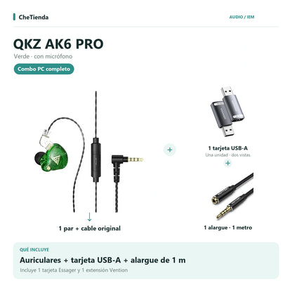QKZ AK6 PRO, Verde · con micrófono: auriculares con cable original, una tarjeta de sonido Essager USB-A a 3,5 mm y una extensión Vention de un metro; la tarjeta se muestra en dos vistas de una unidad. Composición de imágenes del catálogo.