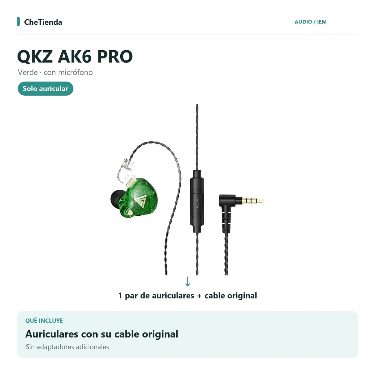QKZ AK6 PRO, Verde · con micrófono: auriculares con cable original, sin adaptadores adicionales. Composición de imágenes del catálogo.