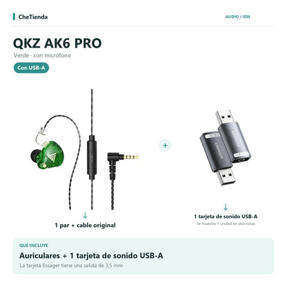 QKZ AK6 PRO, Verde · con micrófono: auriculares con cable original más una tarjeta de sonido Essager USB-A a 3,5 mm; la tarjeta se muestra en dos vistas de una unidad. Composición de imágenes del catálogo.