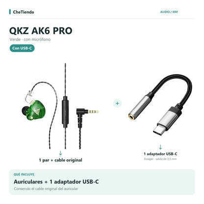 QKZ AK6 PRO, Verde · con micrófono: auriculares con cable original más un adaptador Essager USB-C a 3,5 mm. Composición de imágenes del catálogo.